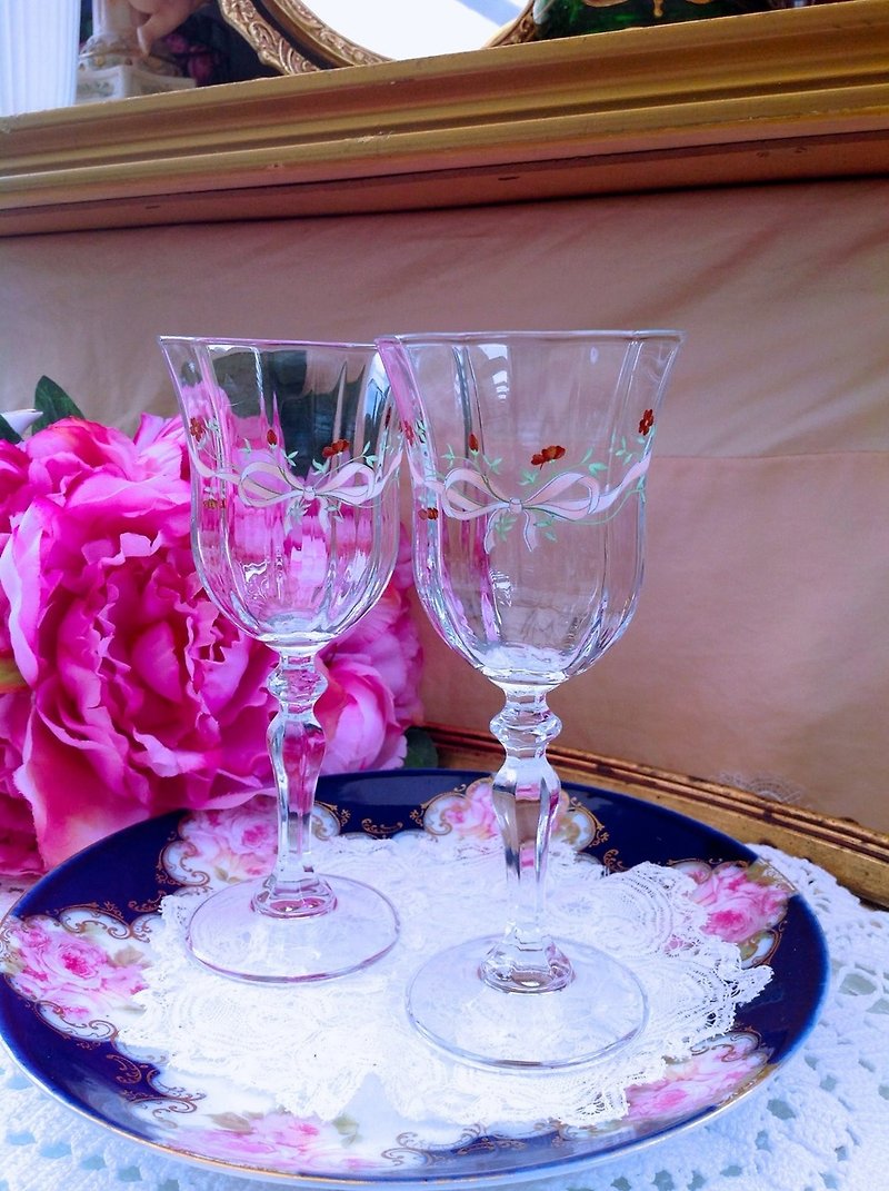 法国制手工切割水晶雕花1960年代蝴蝶结 红白酒杯果汁杯水杯一对 - 其他 - 其他材质 粉红色
