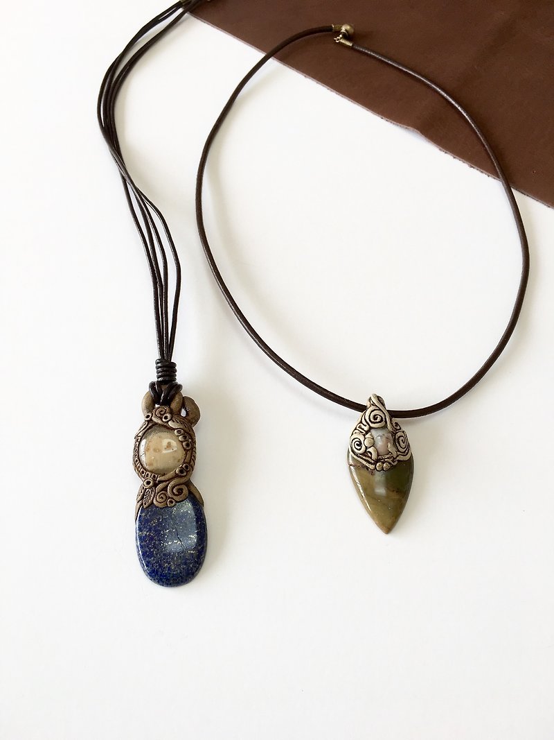 Gemstones and polymer clay leather necklace  - 项链 - 石头 多色