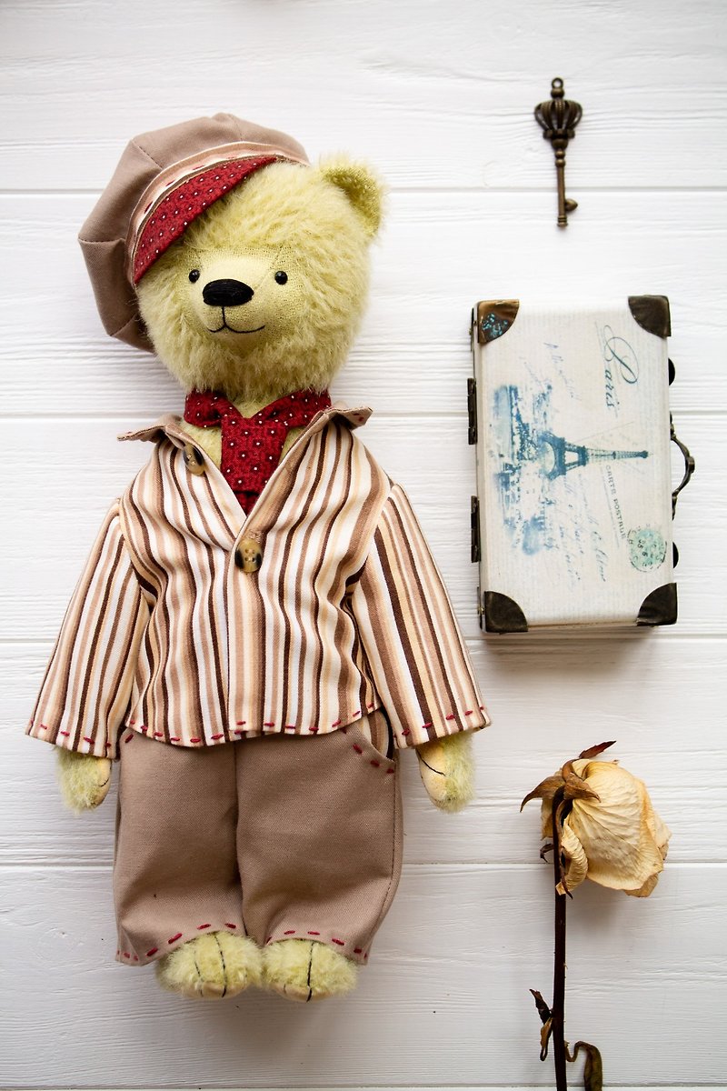 艺术家绿色泰迪熊 29 厘米复古法式风格，附衣服和包包 - 玩偶/公仔 - 其他材质 绿色