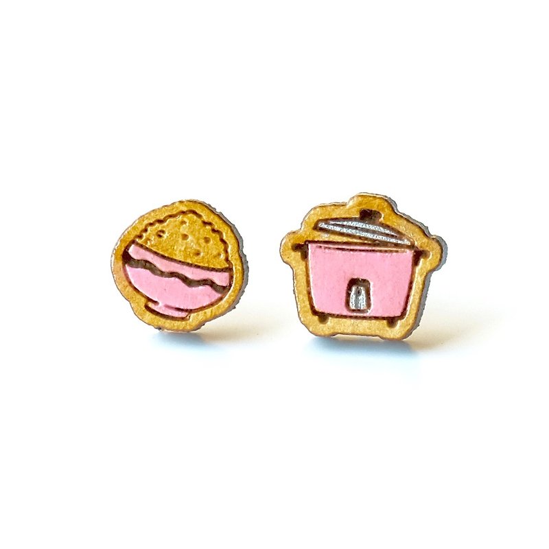 彩绘木耳环-电锅&饭 (粉红) - 耳环/耳夹 - 木头 粉红色