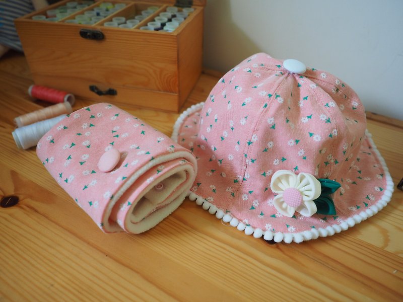 手作粉红小白碎花帽子发夹及保暖围巾套装 尺寸订造婴儿小孩成人 - 满月礼盒 - 棉．麻 粉红色
