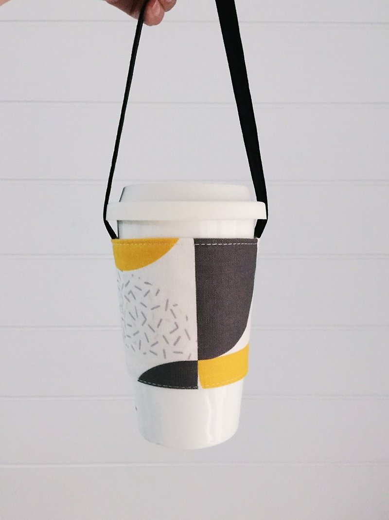 hairmo几何图形环保咖啡杯套/饮料杯提带-黄 - 随行杯提袋/水壶袋 - 棉．麻 黄色