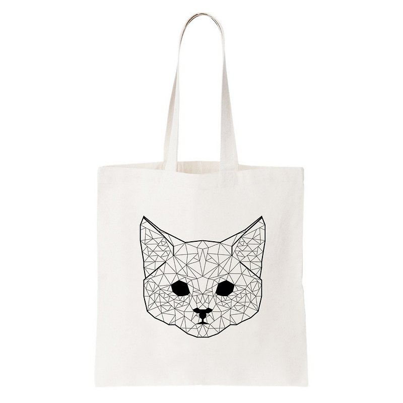 Geometric Cat #2 帆布 文艺 环保 肩背 手提包 购物袋-米白色  几何 猫 宇宙 设计 自创 品牌 银河系 时髦 圆 三角形 - 侧背包/斜挎包 - 其他材质 白色