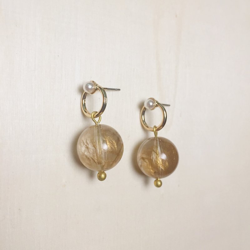 复古珍珠圈圈金色拉丝耳环 - 耳环/耳夹 - 树脂 金色
