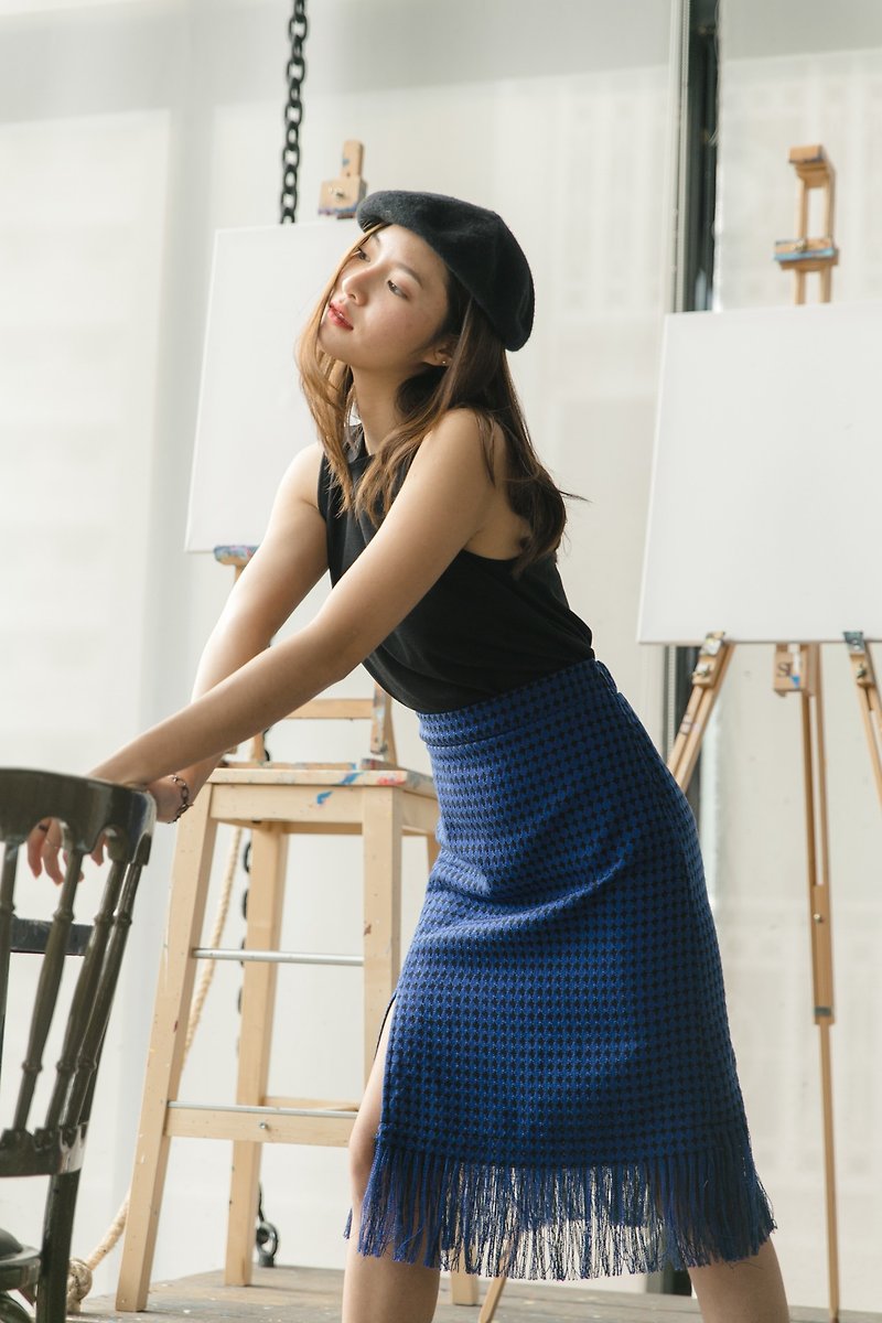 Boucle tweet skirt - cobalt color - 裙子 - 棉．麻 蓝色