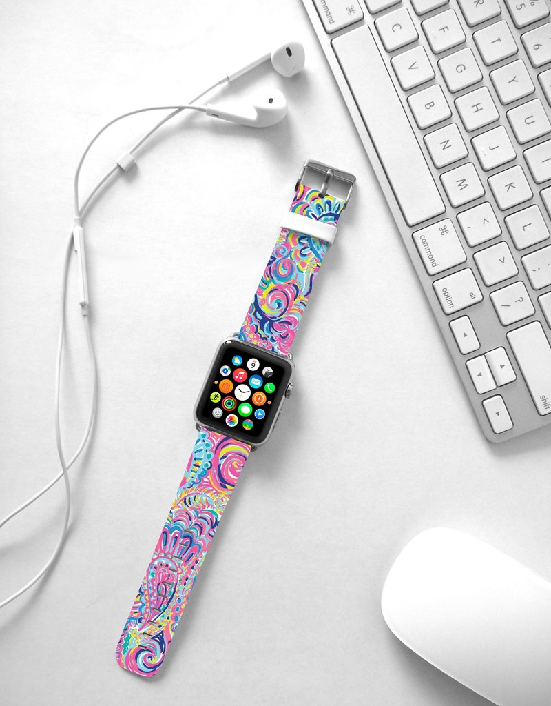 抽象水彩画花 粉红 Apple Watch 真皮手表带 38 40 42 44 mm -002 - 表带 - 真皮 粉红色