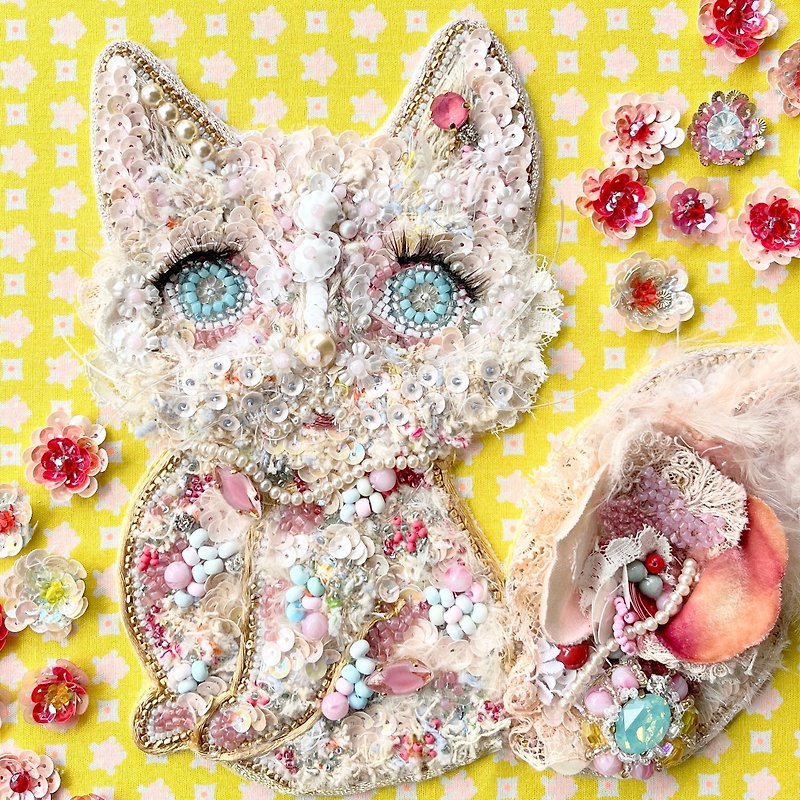 珠子 刺绣 艺术 珠绣 猫  Milky Berry - 海报/装饰画/版画 - 绣线 