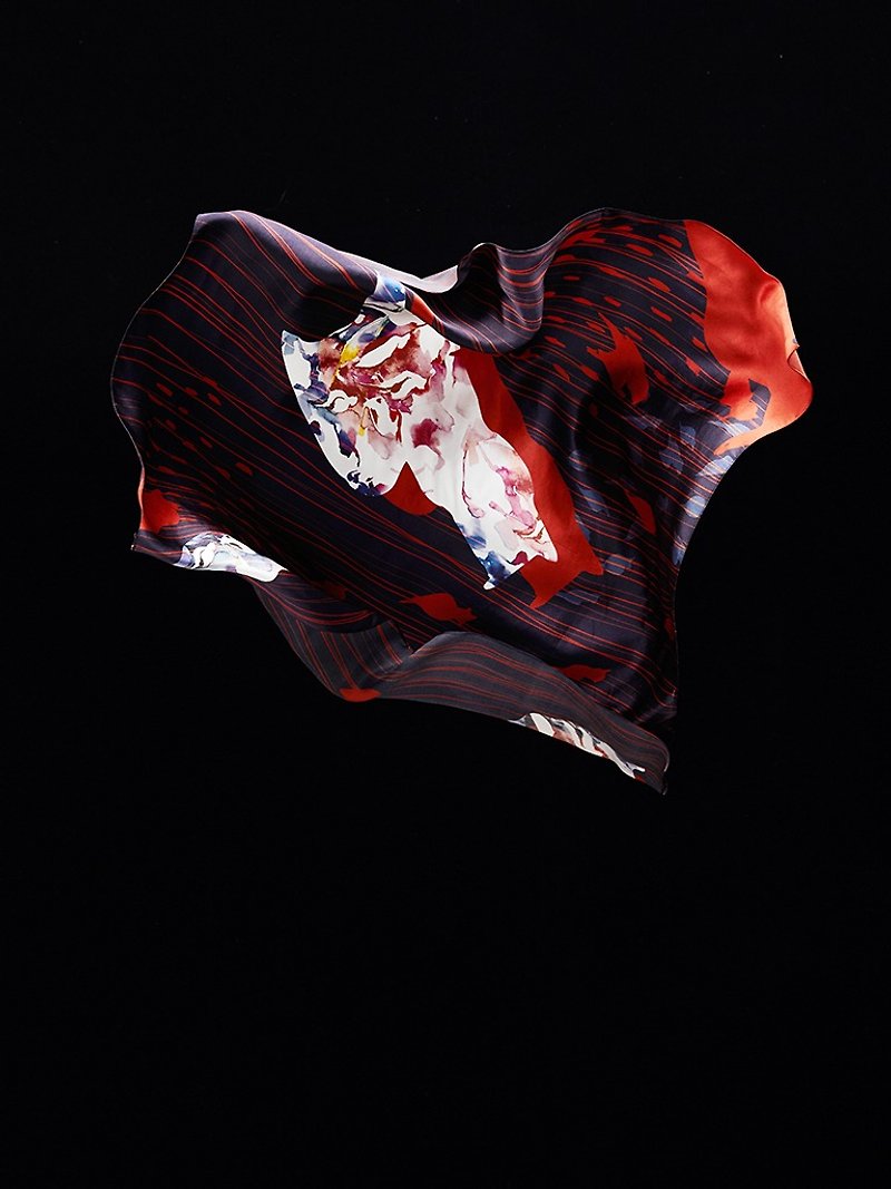 阿拉里皮娇鶲-水彩设计印花- 真丝丝巾 - 丝巾 - 丝．绢 红色