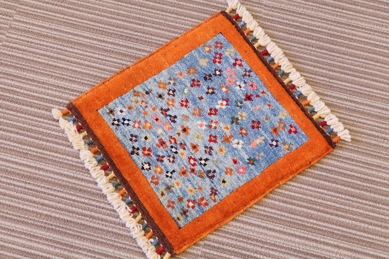 オレンジ&ライトブルー 手織り 絨毯 座布団サイズ ウール&草木染め - 被子/毛毯 - 其他材质 橘色