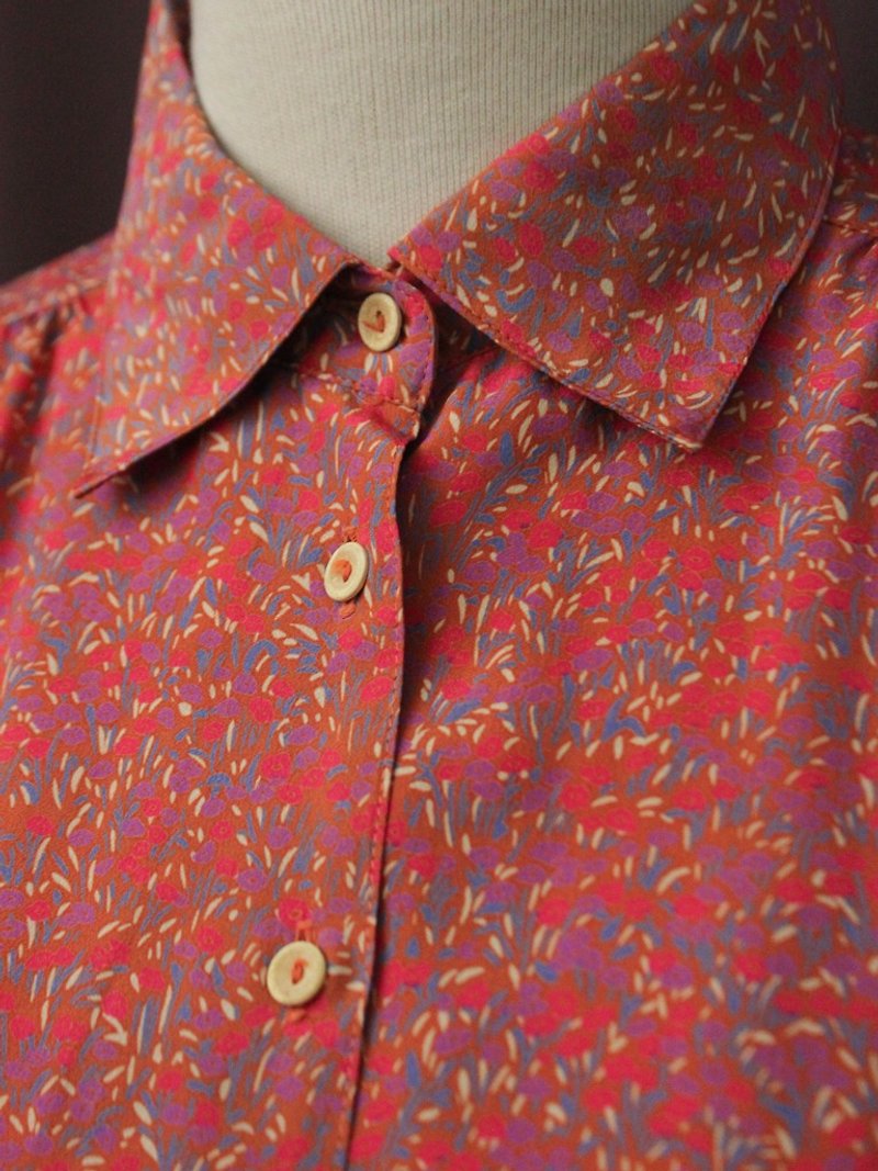 复古日本制典雅桃粉色碎花长袖古着衬衫 Vintage Blouse - 女装衬衫 - 聚酯纤维 红色