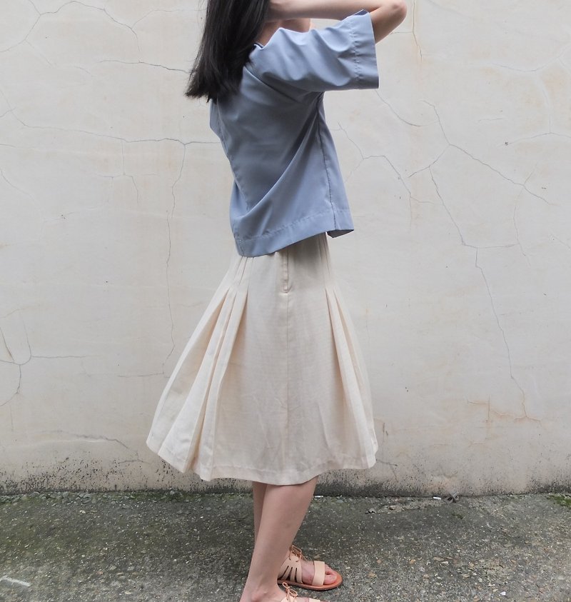 日本古着商品浅米黄折纹膝下裙 - 裙子 - 其他人造纤维 