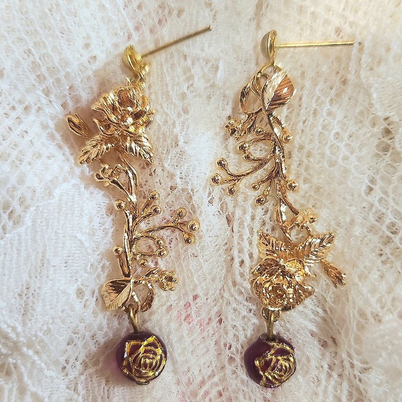 【毕业礼物】【满额优惠】捷克手绘珠铜电金耳环(可改耳夹) - 耳环/耳夹 - 铜/黄铜 紫色