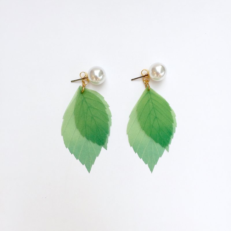 耳针 耳夹——绿野仙踪 真丝绿色树叶子耳环植物耳环—珍珠耳针 - 耳环/耳夹 - 丝．绢 绿色