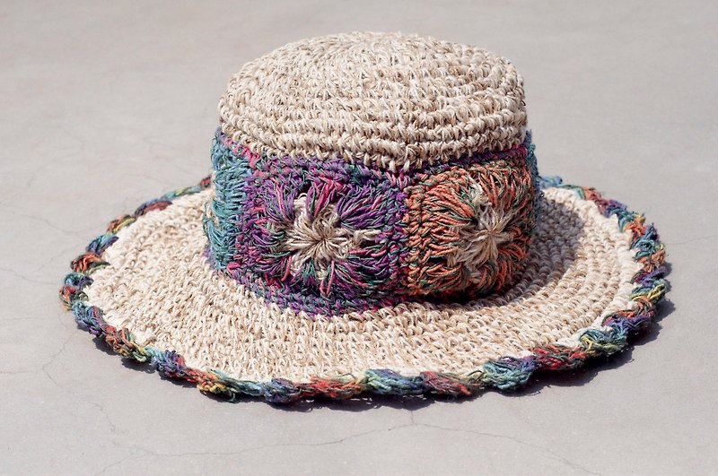 限量一件 手工编织棉麻帽/编织帽/渔夫帽/遮阳帽 - 渐层花边花朵编织 - 帽子 - 棉．麻 多色