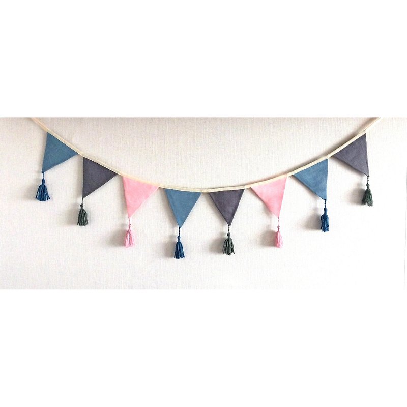 Blue Gray Pink Fabric Bunting Banner, Tassel Garland, Fabric Pennant Bunting - 墙贴/壁贴 - 亚麻 粉红色