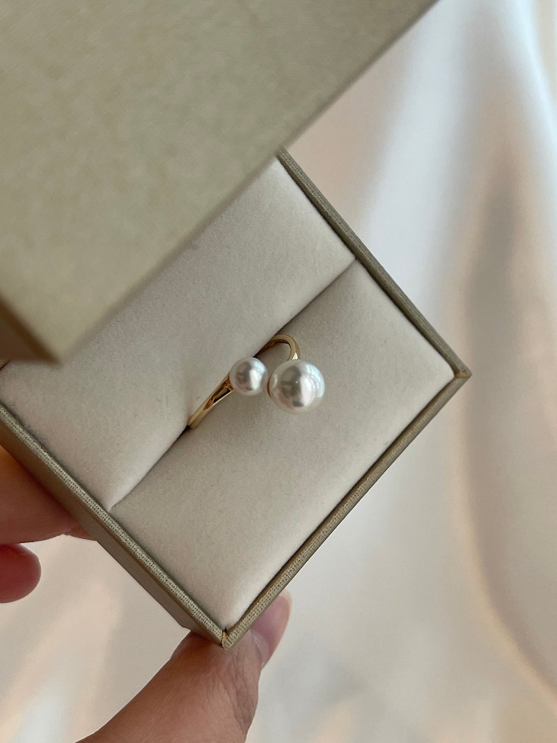 あこや真珠真珠　指輪　5+7.5mm 日本产海水珍珠 珍珠戒指 双珠 礼物  日本制18K金戒指  经典简约 天女光泽 时尚百搭 - 戒指 - 珍珠 白色