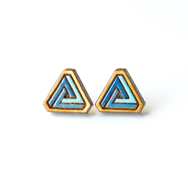 彩绘木耳环-三角几何(蓝色) - 耳环/耳夹 - 木头 蓝色
