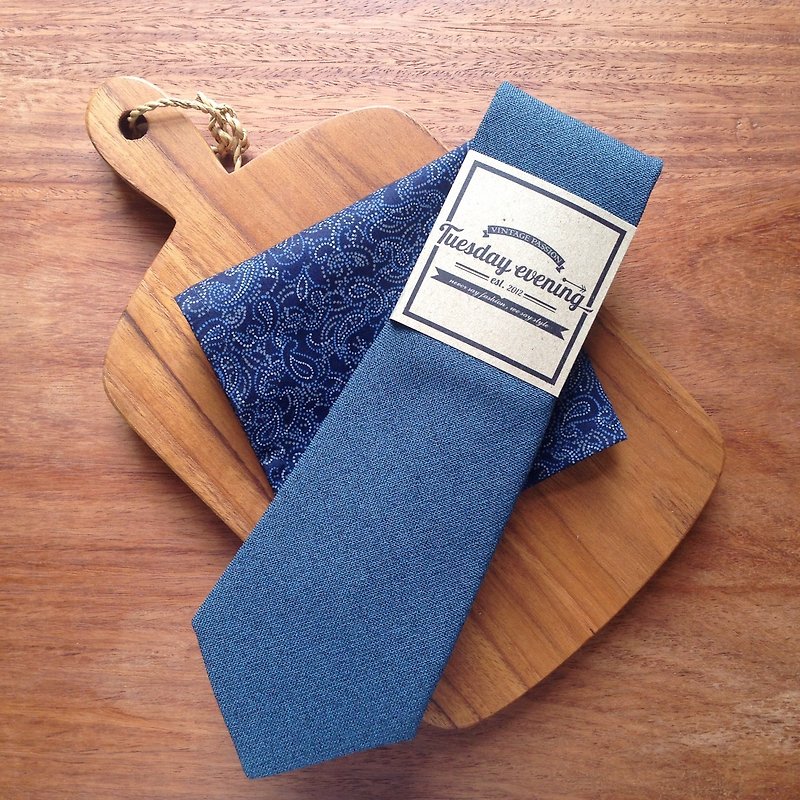 Vintage Blue Tie Set with pocket square - 领带/领带夹 - 棉．麻 蓝色