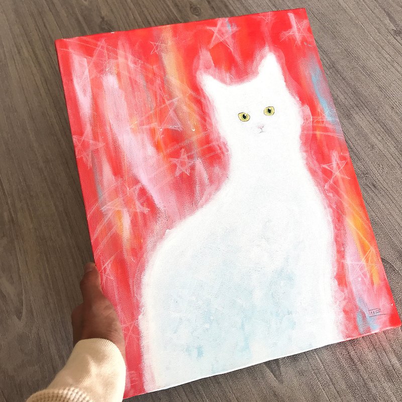 【IROSOCA】見つめる白猫　キャンバス絵画　F6サイズ原画 - 海报/装饰画/版画 - 其他材质 红色