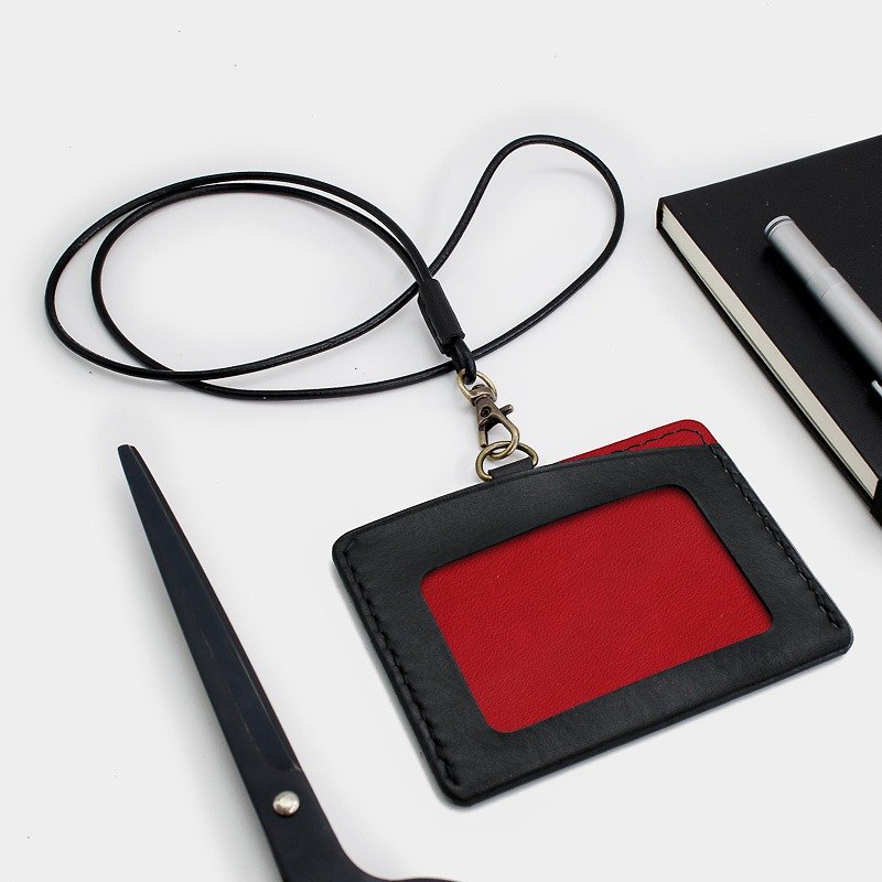 RENEW - 横式证件套、卡套 黑+红 植鞣革 手作 手缝 - 证件套/卡套 - 真皮 红色