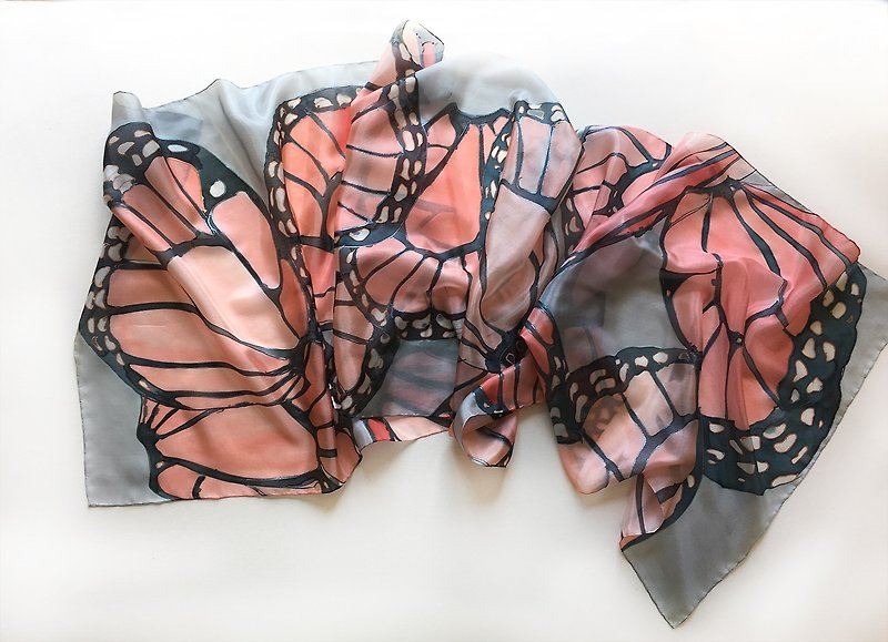 Hand painted silk scarf- Coral Butterfly/ Butterfly Wings scarf - 丝巾 - 丝．绢 多色