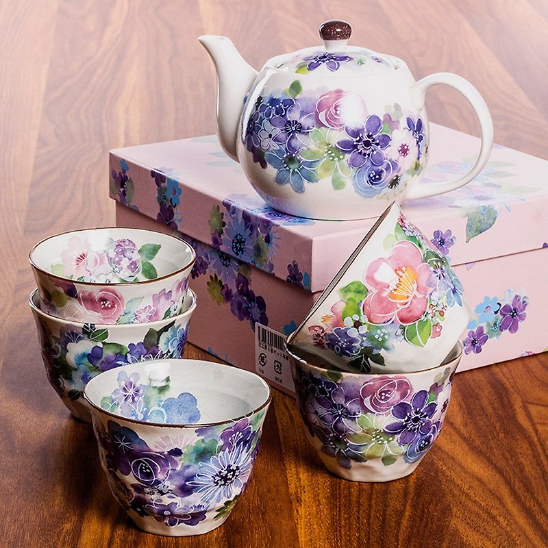 现货美浓烧日本进口和蓝陶瓷花卉繁花樱花茶壶茶杯套装新婚礼物 - 茶具/茶杯 - 瓷 