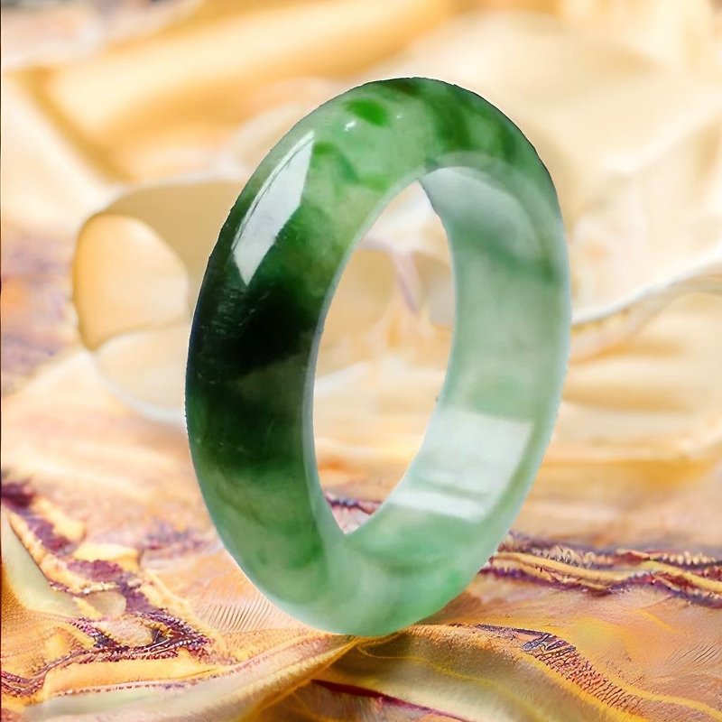 冰飘绿花翡翠戒指戒圈 | 国际12围 | 天然缅甸玉翡翠A货 | 送礼 - 戒指 - 玉石 绿色