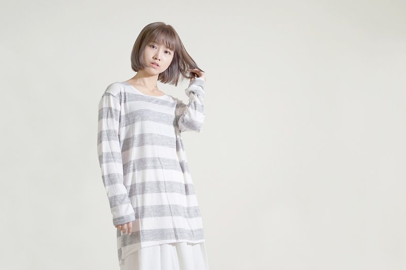 【X-BLIND】舒适休闲条纹长版上衣 (深灰、浅灰) - 女装上衣 - 棉．麻 灰色