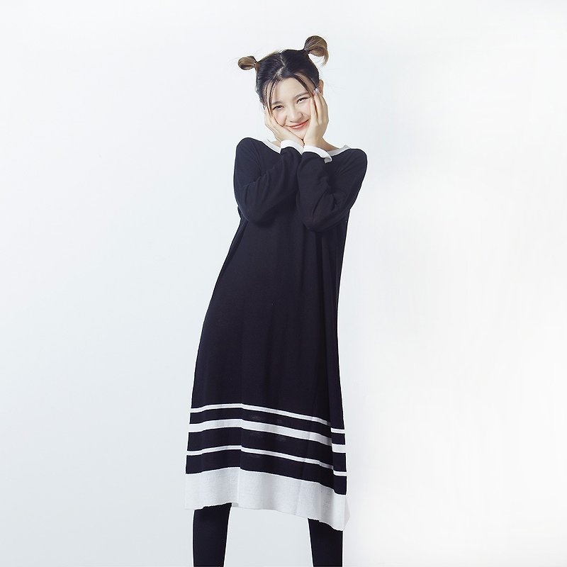 黑白条纹羊毛针织衫 洋装 连身裙 - imakokoni - 洋装/连衣裙 - 羊毛 黑色