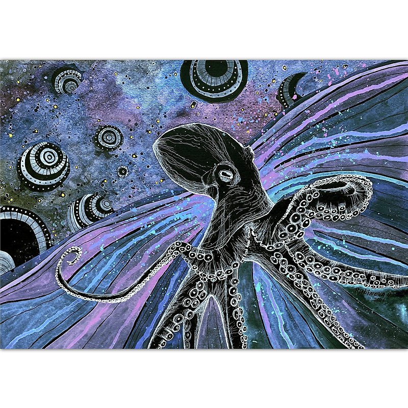 Octopus painting Futurism Original art Space wall art Black paper artwork - 海报/装饰画/版画 - 纸 蓝色