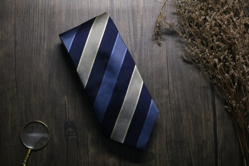 经典大条纹真丝领带/百搭商务绅士necktie - 领带/领带夹 - 丝．绢 蓝色