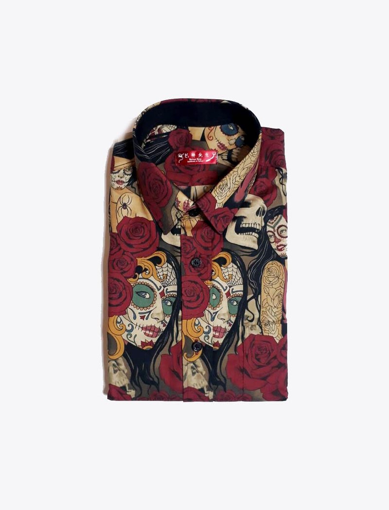 插画家系列 骷颅花女人 手工衬衫 Shirt - 男装衬衫 - 棉．麻 多色