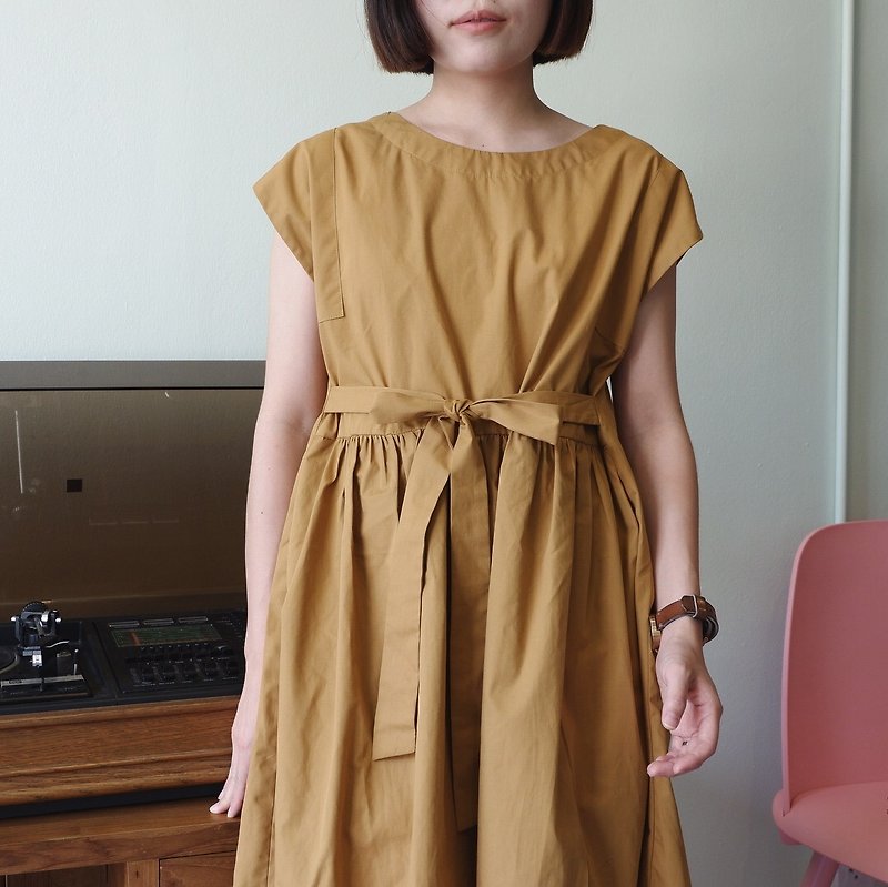 Ribbon Dress : Mustard - 洋装/连衣裙 - 棉．麻 黄色