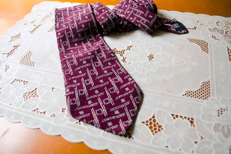 暗红几何线条印花真丝窄版领带 Lancel Paris #Vintage莞洱古着 - 领带/领带夹 - 丝．绢 红色