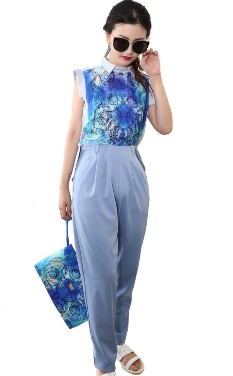 香港设计师品牌 BLIND by JW优雅高腰长裤（流水） - 女装长裤 - 聚酯纤维 蓝色
