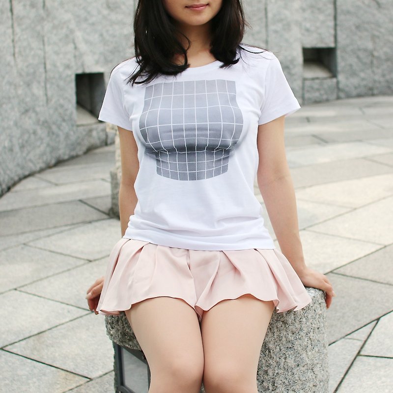 Mousou Mapping T-shirt/ Illusion grid/ WL size - 女装 T 恤 - 棉．麻 灰色