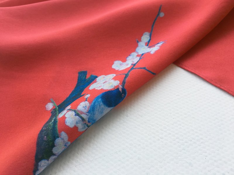 新年礼 艺术鸟儿与梅丝巾 - 丝巾 - 丝．绢 红色
