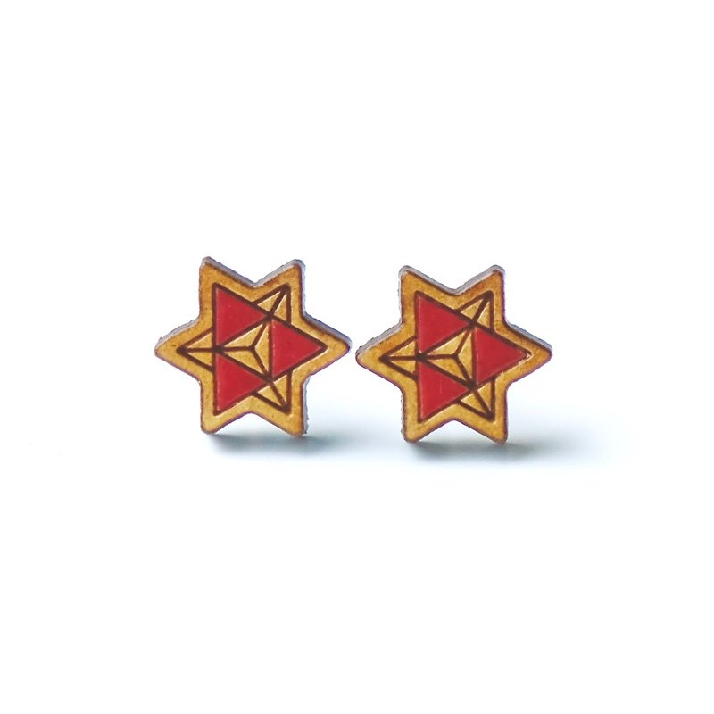 彩绘木耳环-星(红色) - 耳环/耳夹 - 木头 红色