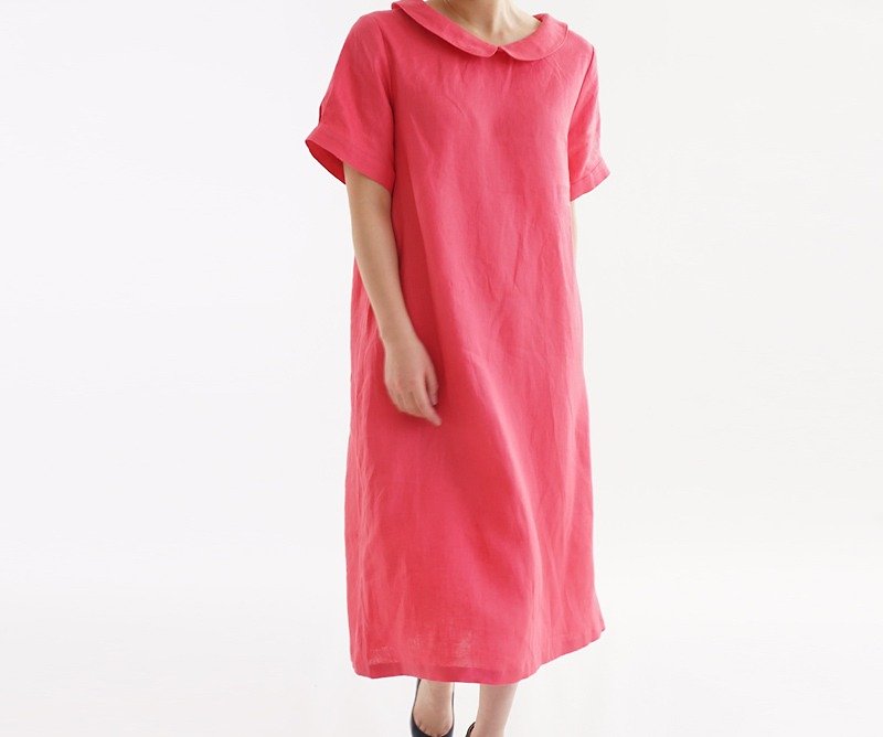 ベルギーリネン　ふんわり丸襟 ワンピース/コーラル a22-12 - 洋装/连衣裙 - 棉．麻 红色