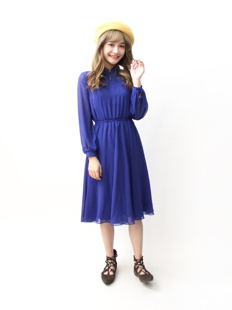 【RE0503D1177】日本制典雅深宝蓝点点长袖春夏古着洋装 - 洋装/连衣裙 - 聚酯纤维 蓝色