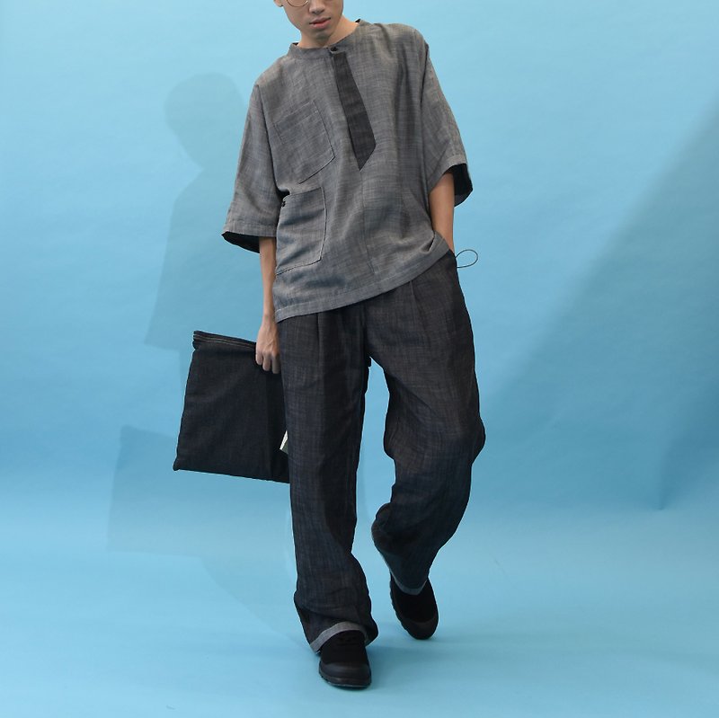 双色丹宁日式领衬衫 - 男装上衣/T 恤 - 棉．麻 灰色