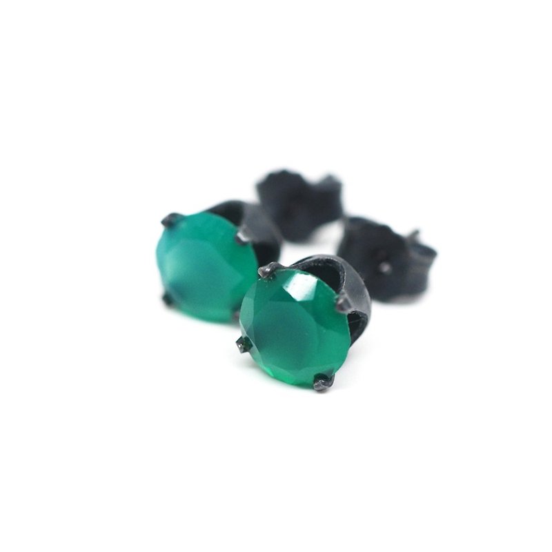 Green Onyx Black Stud Earrings - Black Sterling Silver - 6mm Round - 耳环/耳夹 - 其他金属 绿色