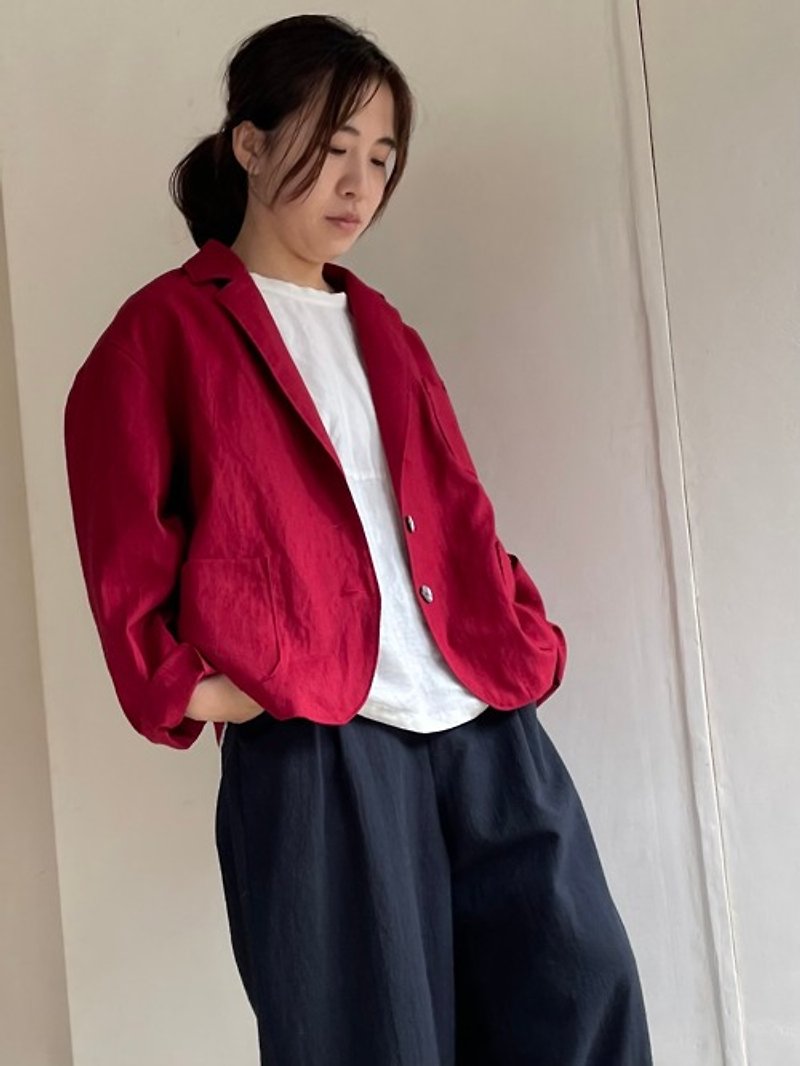 スペンサーテーラードジャケット レッド - 女装休闲/机能外套 - 棉．麻 