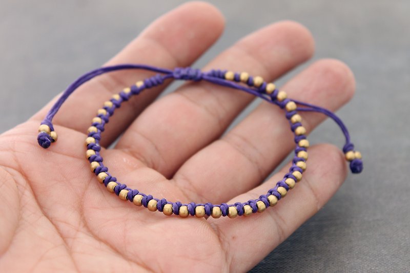  紫色黄铜串珠编织手链原始黄铜编织友谊手链 - 手链/手环 - 棉．麻 紫色