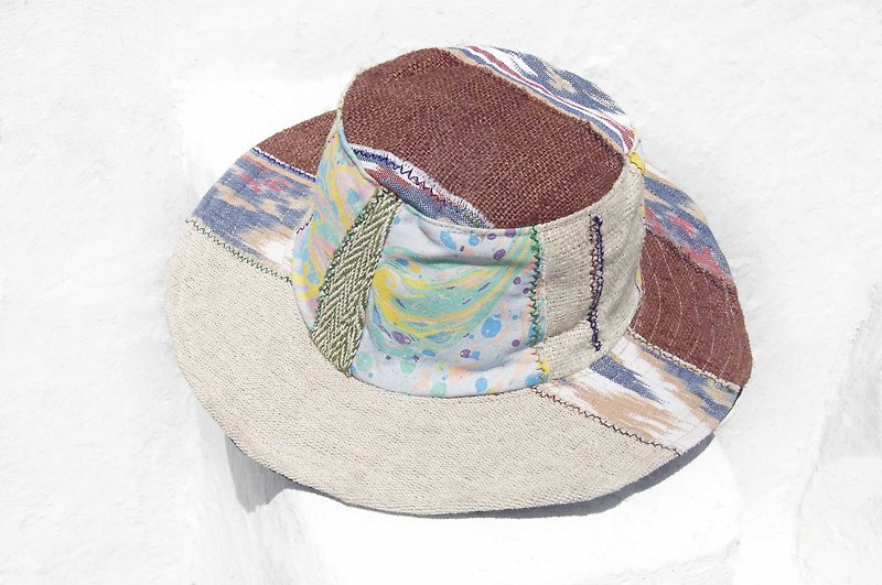 摩洛哥风拼接手织棉麻帽 编织帽 渔夫帽 遮阳帽 草帽-水彩森林系 - 帽子 - 棉．麻 多色