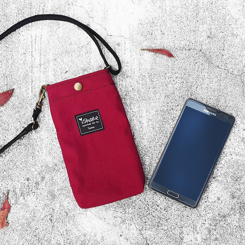 极简约帆布手机袋-暗红色 (斜背/脖挂/小挂包) - 手拿包 - 棉．麻 红色