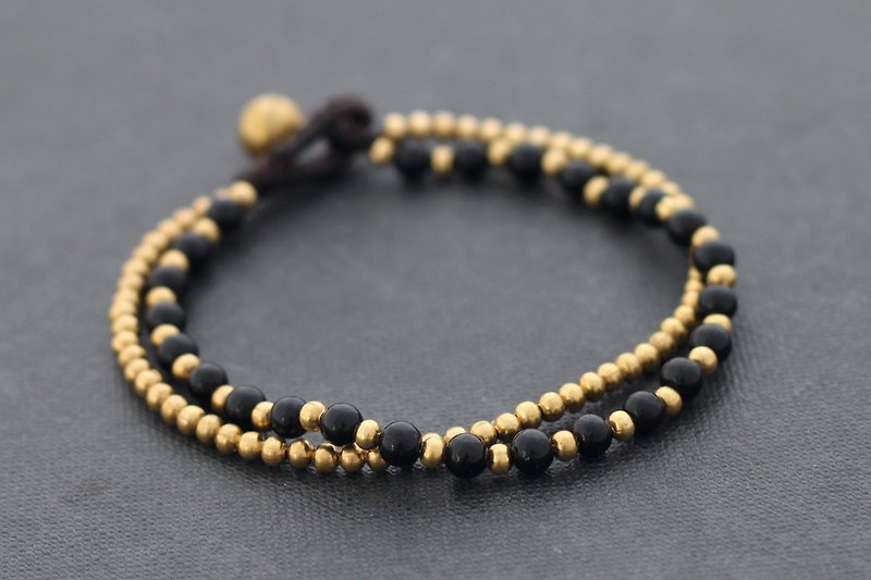玛瑙石简单手镯真正黄铜线串珠编织黑曜石 - 手链/手环 - 石头 黑色