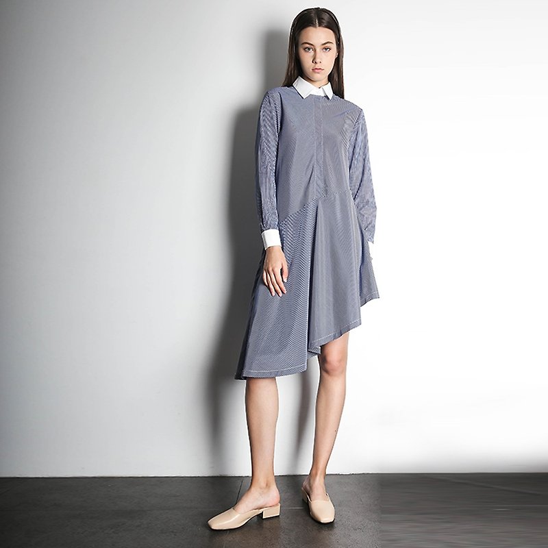 新加坡Salient Label - 不对称竖条衬衫裙连衣裙条纹 - 洋装/连衣裙 - 聚酯纤维 蓝色