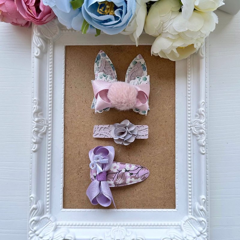 儿童小孩女孩兔子造型蝴蝶结水滴夹发夹组-灰紫色 - 发饰 - 其他材质 紫色