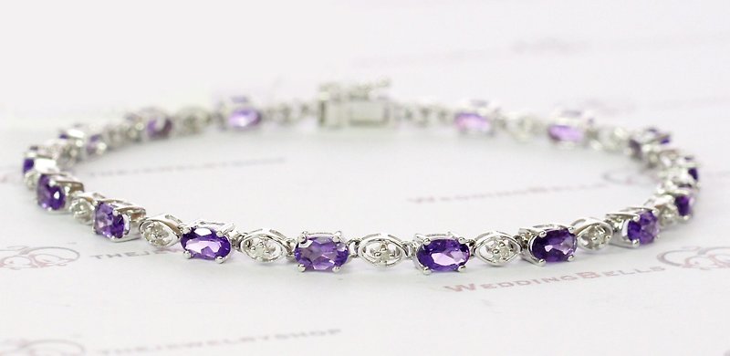 14K白金 紫晶石配钻石手链 (包邮) - 手链/手环 - 宝石 紫色